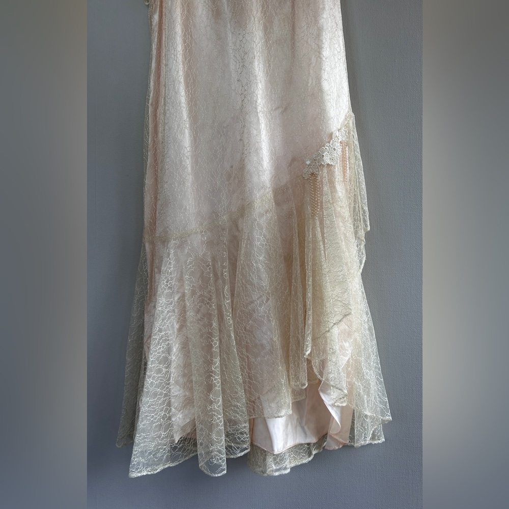 VINTAGE JCPENNEY Lace Asymmetric Formal Dress Pearl Fringe Victorian Goth Size L - Picture 5 of 12